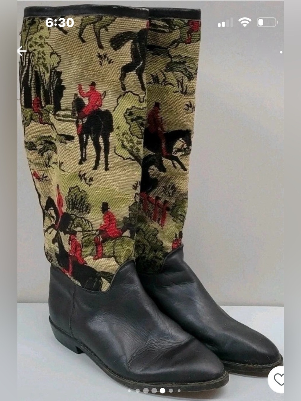 Seychelles Equestrian Tapestry Hunt Scene Black Leather Pull-On Riding Boots 6.5